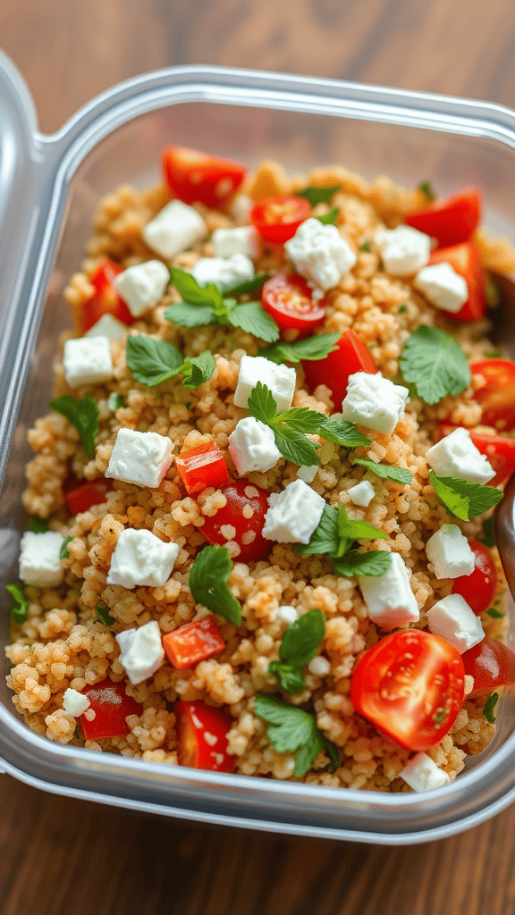 A container of Mediterranean quinoa salad with feta cheese, cherry tomatoes, and fresh herbs.