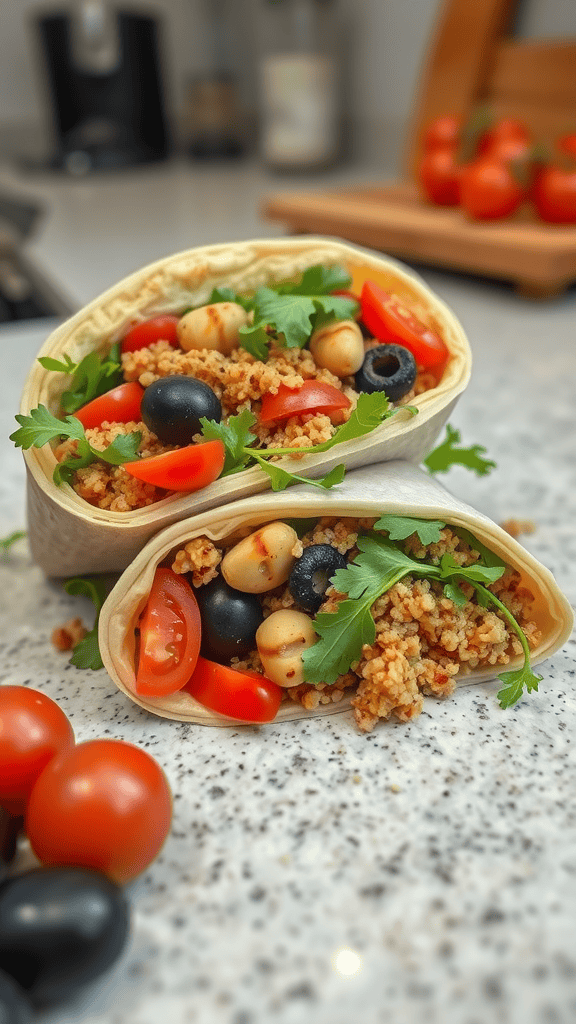 A Mediterranean quinoa veggie wrap filled with quinoa, tomatoes, olives, and cilantro, set on a countertop with cherry tomatoes in the foreground.