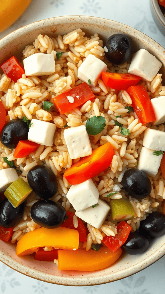 A Mediterranean rice bowl with feta cheese, red and yellow bell peppers, olives, and herbs.