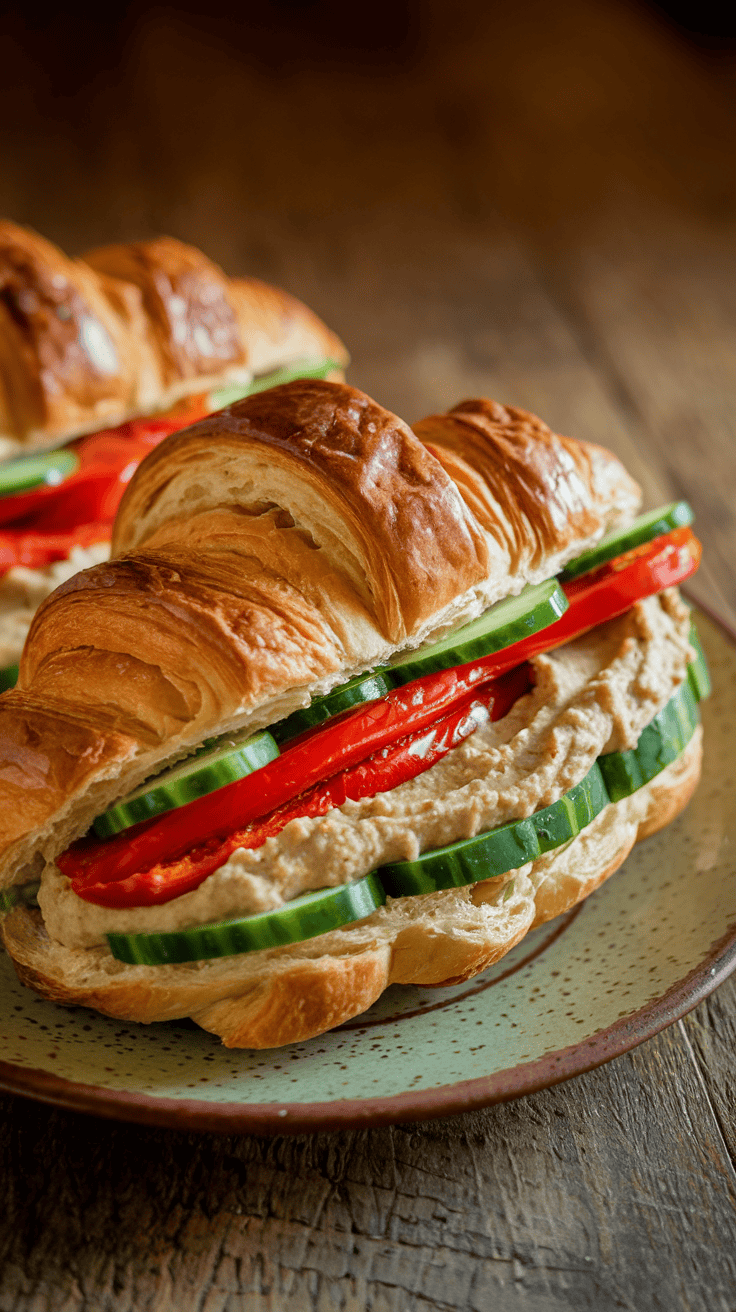 A Mediterranean veggie croissant filled with cucumbers, red peppers, and hummus.