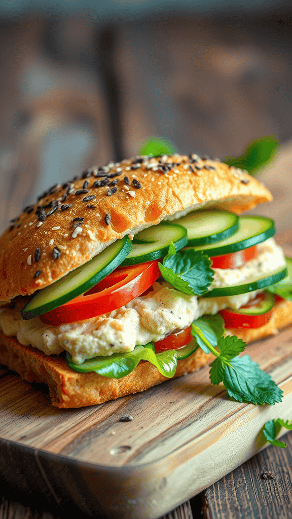 A Mediterranean veggie sandwich with fresh vegetables on a wooden cutting board.