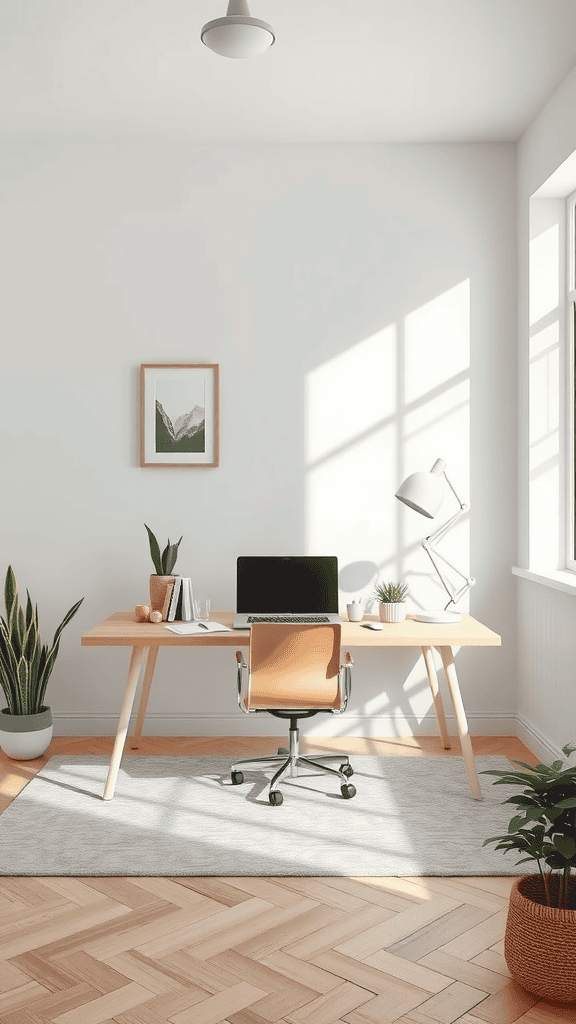 A bright and airy home office featuring a wooden desk, computer, and plants.