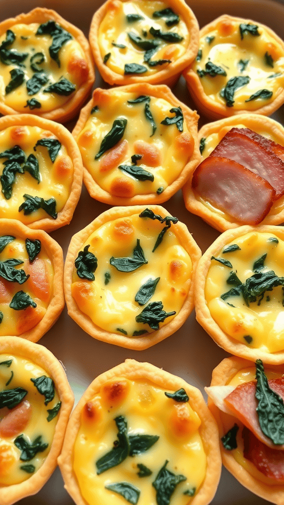 A tray of mini quiches filled with egg, spinach, and bacon.