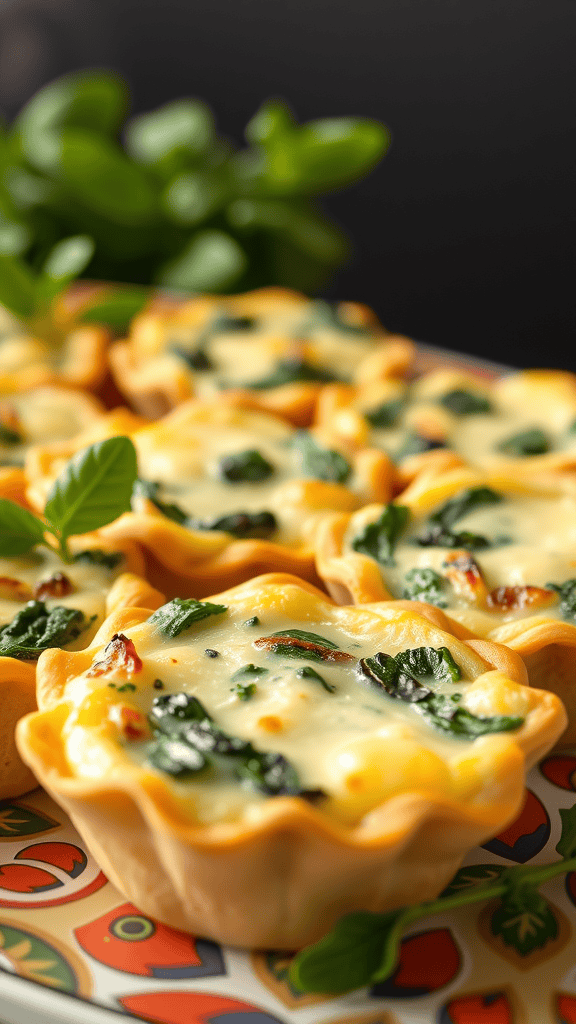 Mini quiches filled with spinach and cheese in a crispy crust, garnished with fresh basil.