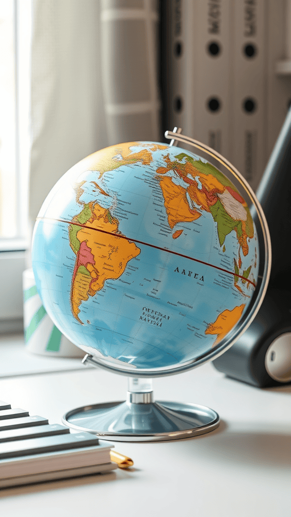 A colorful miniature globe placed on a desk with a bright and inviting background.