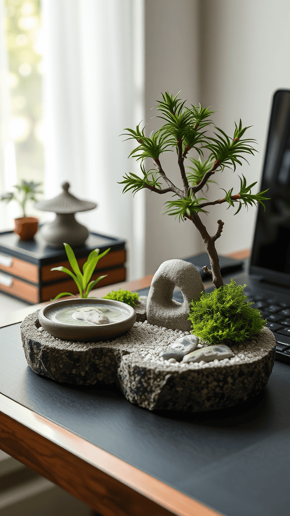 A close-up of a miniature Zen garden with a small tree, stones, and sand.