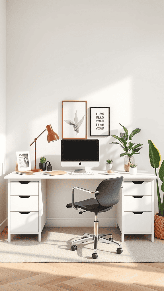 A minimalist workspace featuring a white desk, computer, plant, and framed art.