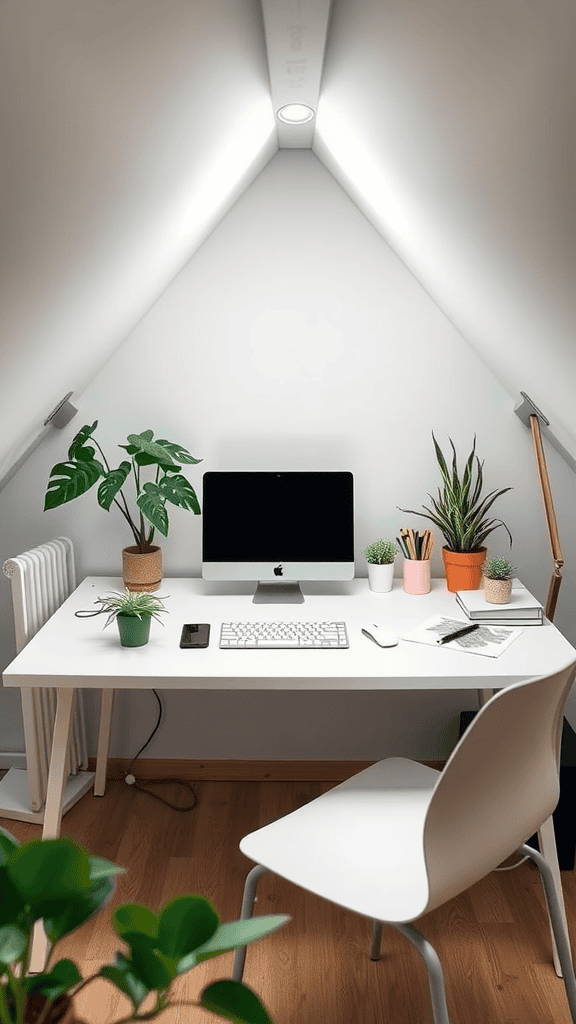 Minimalist desk setup in an attic with plants and a computer.