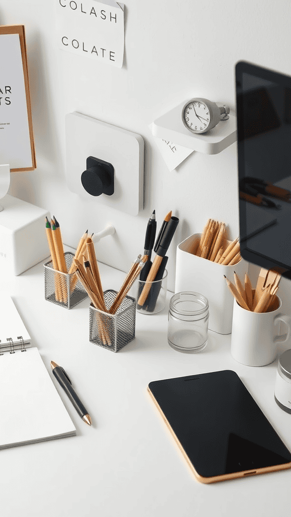 A minimalist home office setup featuring organized stationery items, a notebook, and a wall clock.