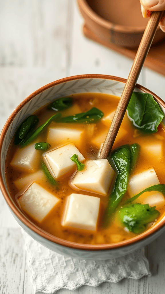 A bowl of miso rice soup with tofu and greens, with a hand holding a wooden spoon.