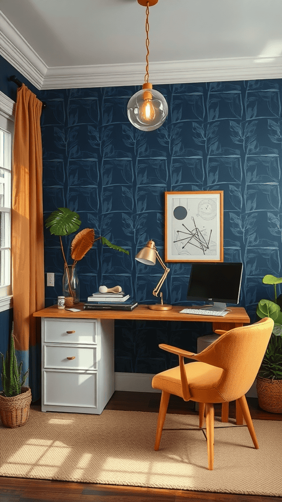 A cozy workspace featuring navy walls, earth-toned accents, and a wooden desk.