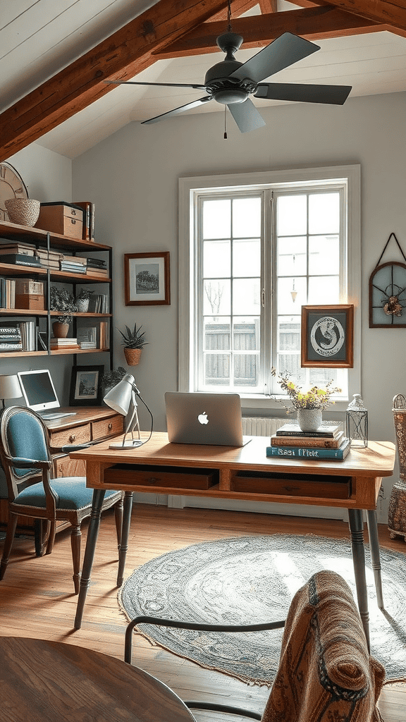 A cozy home office with wooden beams, a modern desk, bookshelves, and plants