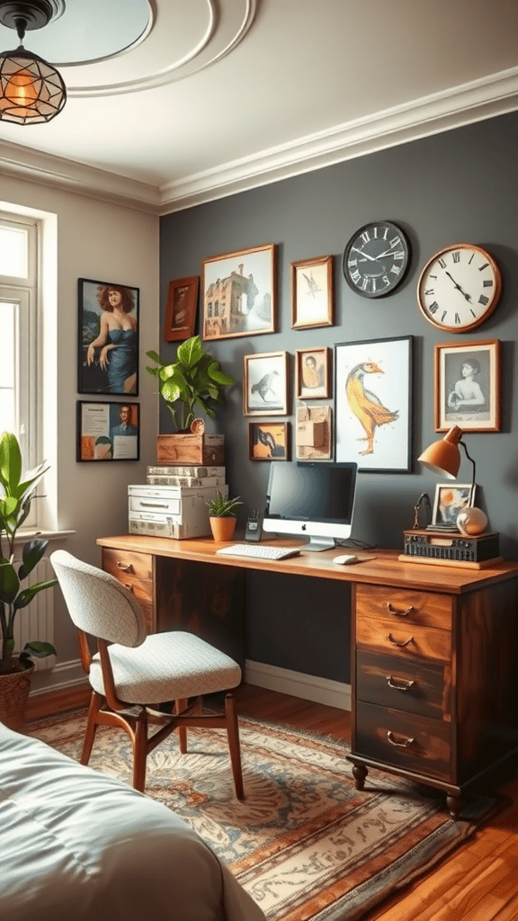 A cozy workspace featuring a wooden desk, a computer, and an eclectic wall art display.