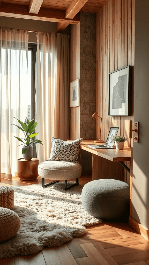 A cozy room with wooden walls, a soft rug, and comfortable seating.