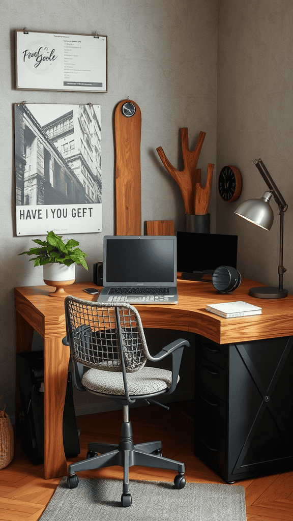 A modern workspace with a wooden desk, black furniture, and decorative items including a plant.