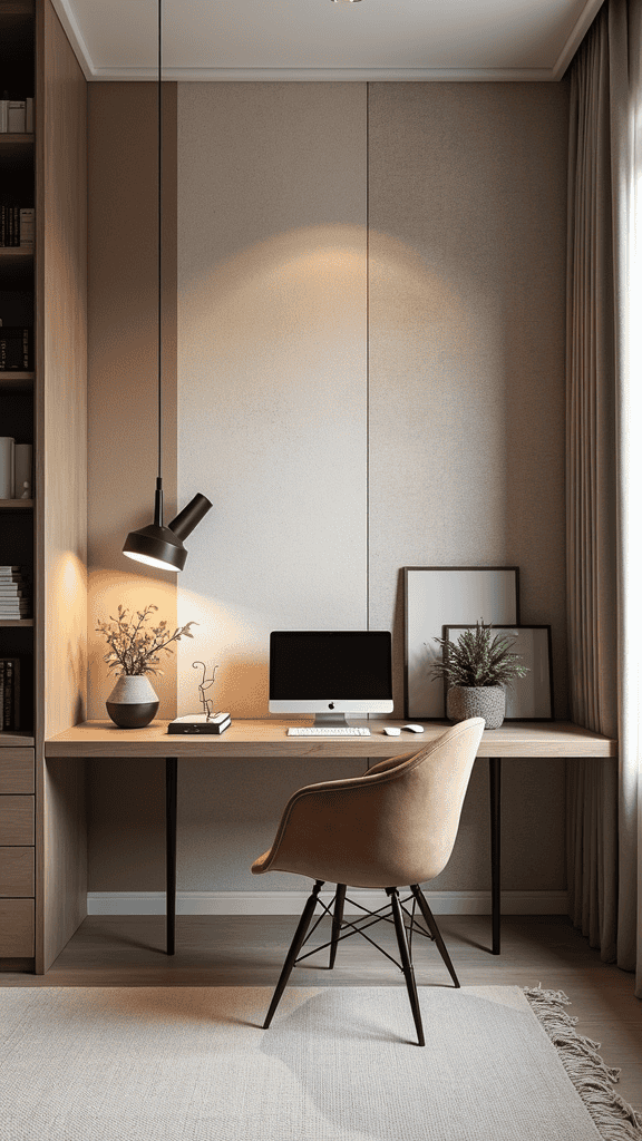 A cozy workspace featuring a wooden desk with a computer, a stylish chair, and decorative plants, showcasing a mix of textures.