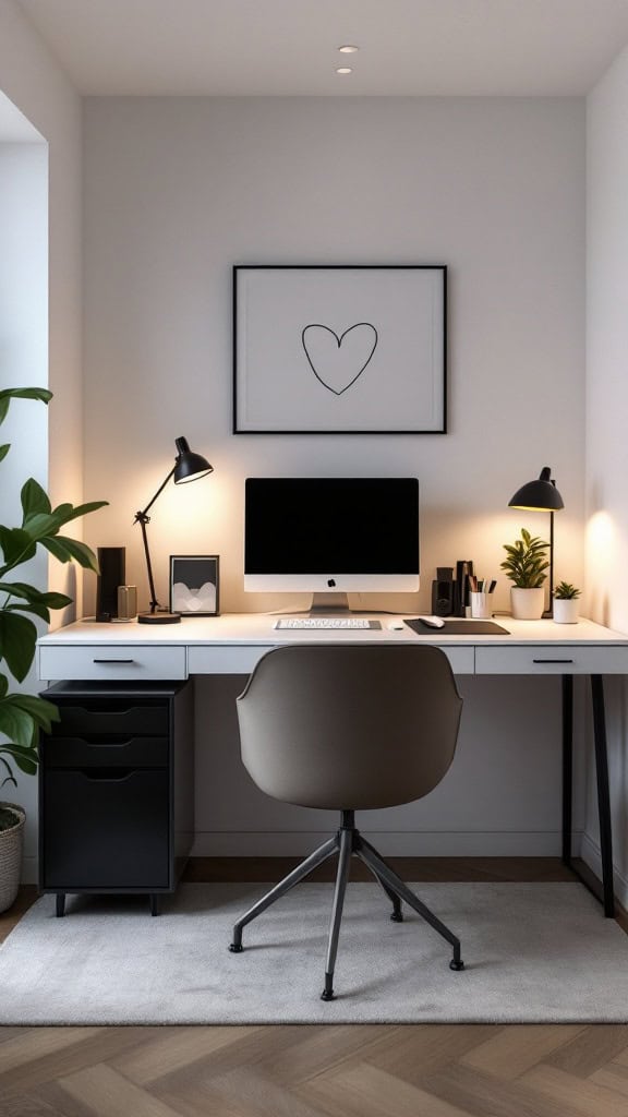 A modern minimalist desk setup featuring a computer, desk lamp, and plant.