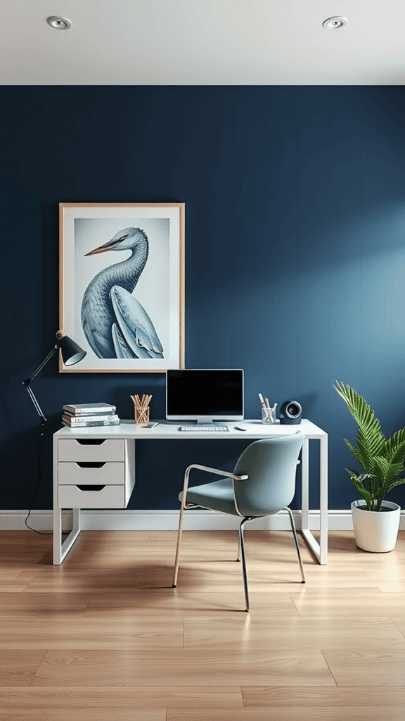 A modern minimalist workspace featuring a desk, computer, chair, and plant against a blue wall.