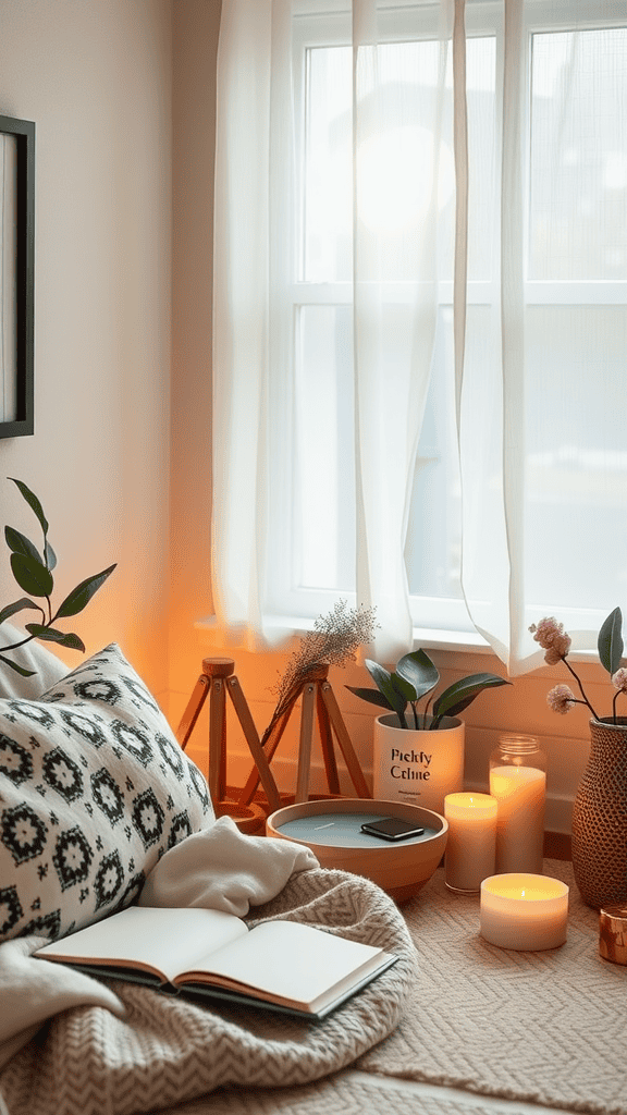 Cozy room with candles, plants, and an open book.