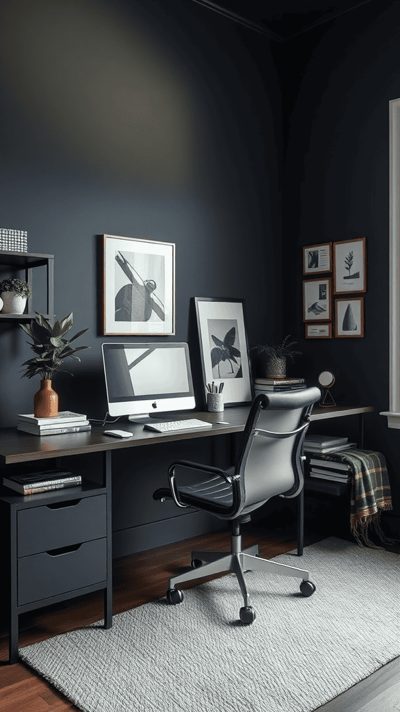 A stylish home office with dark walls, a computer, and plants.