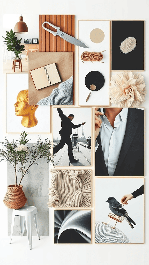 A collage of various textures and images including a golden sculpture, a black and white photo of a person, plants, and art supplies.