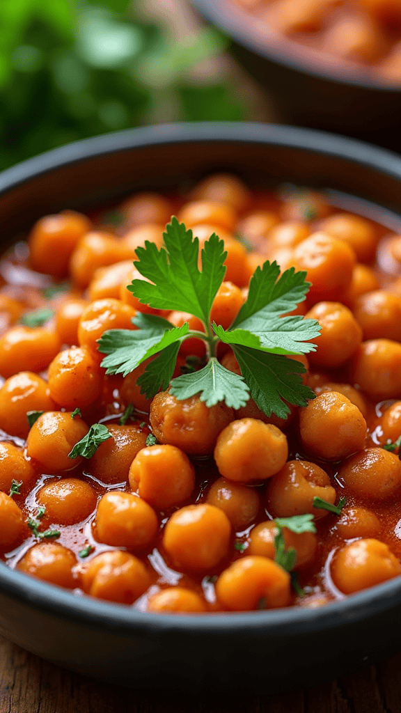 A bowl of Moroccan chickpea stew topped with parsley, showcasing vibrant chickpeas in tomato sauce.