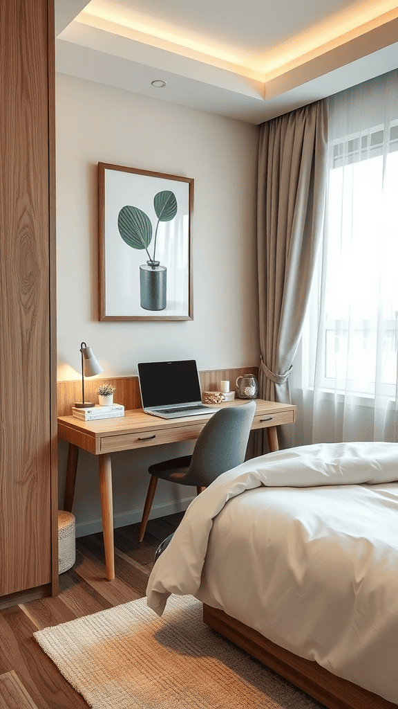 A modern bedroom featuring a desk with a laptop and a neatly made bed, showcasing multi-functional furniture.