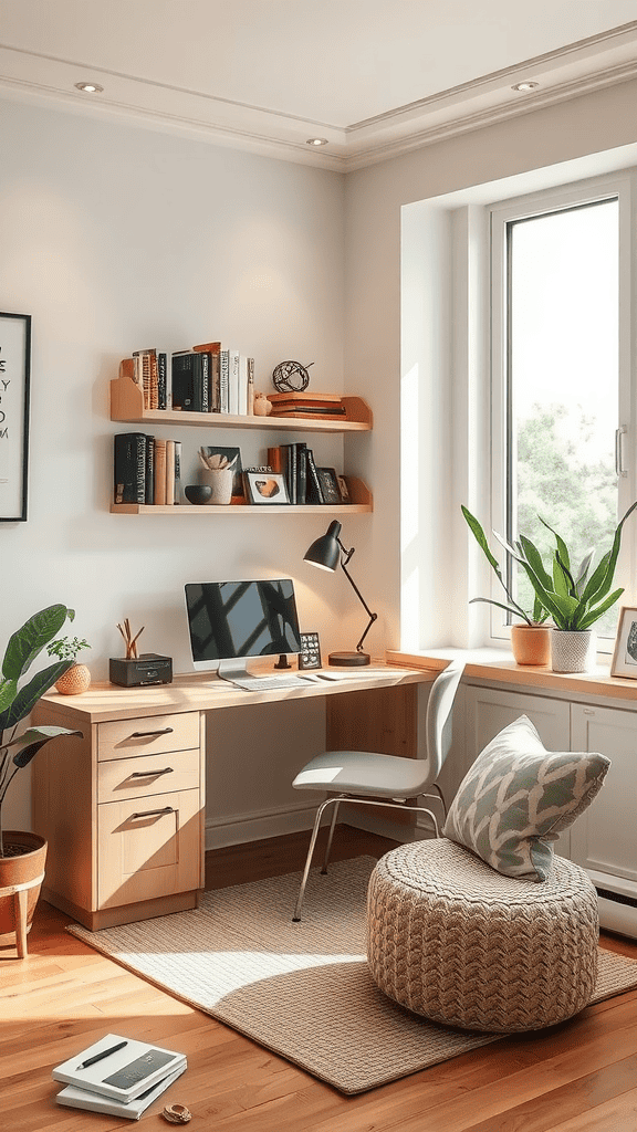 A cozy workspace with a desk, chair, and plants, creating a multi-functional area for work and relaxation.