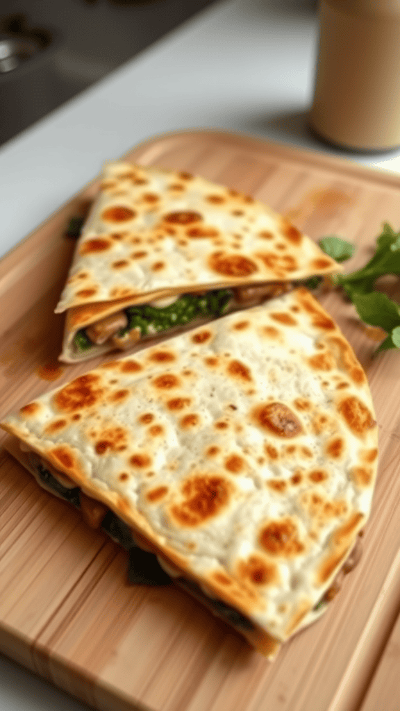 A delicious mushroom and spinach quesadilla on a wooden cutting board.