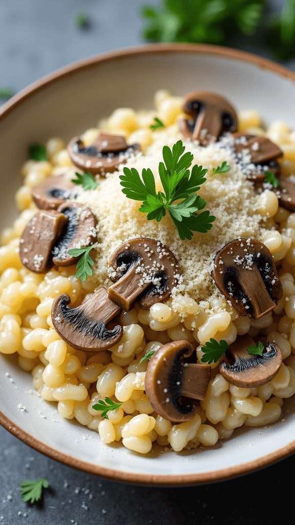 Bowl of mushroom risotto topped with sliced mushrooms and parsley