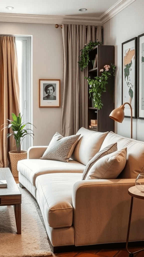 A cozy living space with a sofa, plants, and artwork, perfect for naps.