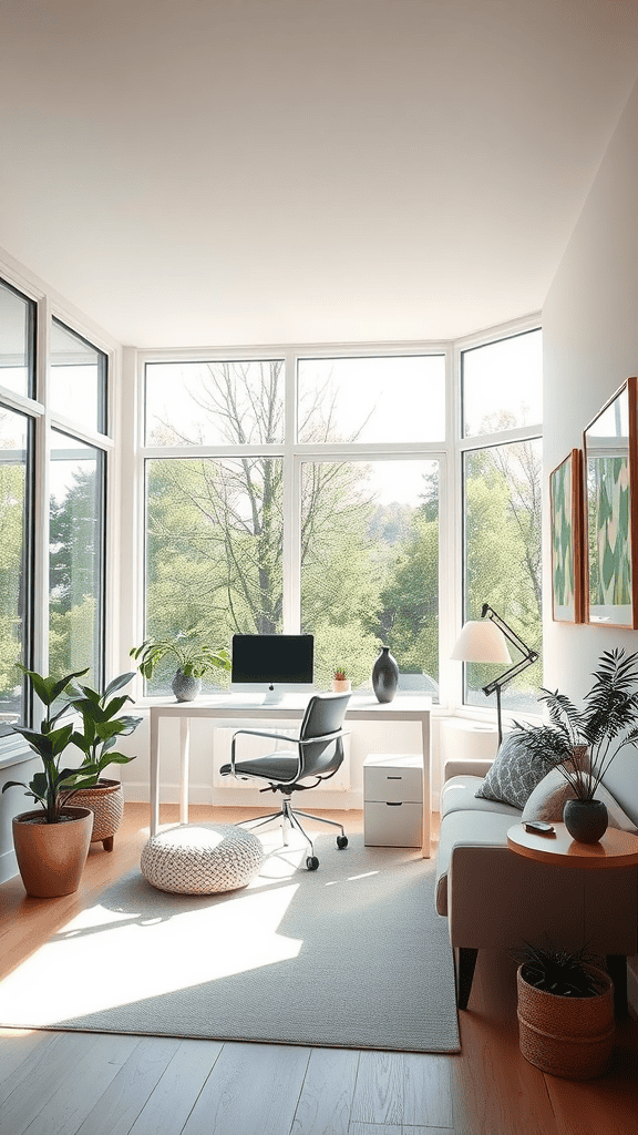 A bright and airy home office with large windows, plants, and a minimalist design.