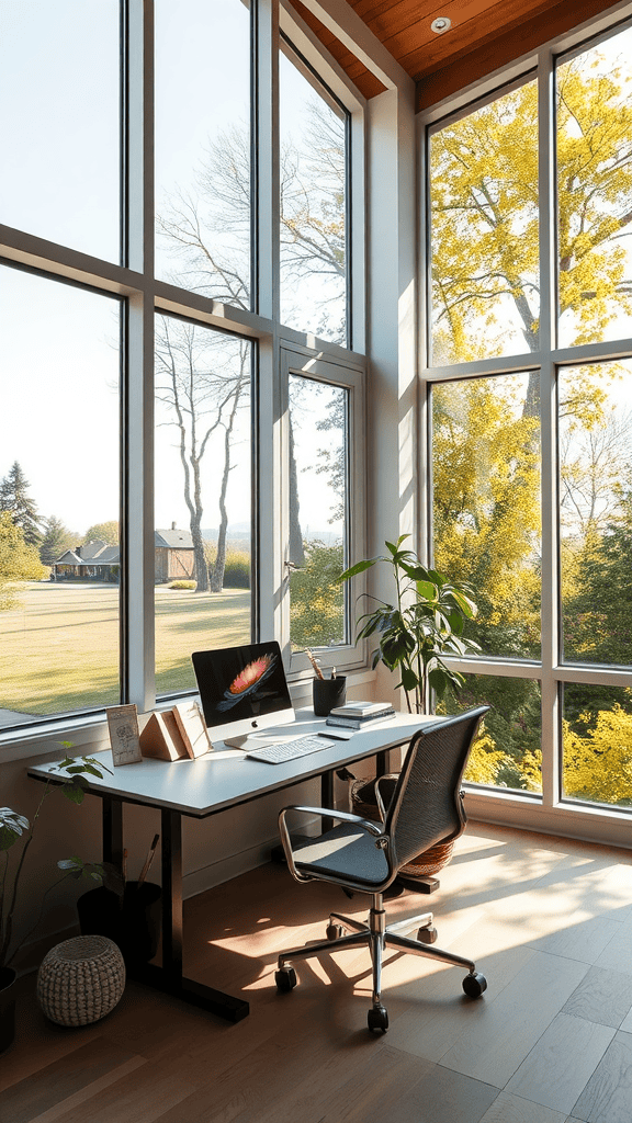 Bright home office with large windows and a view of trees