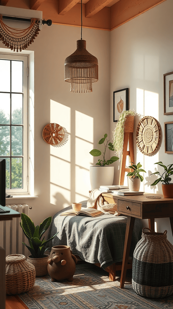 A cozy nook with natural lighting, featuring plants, a desk, and decorative elements.