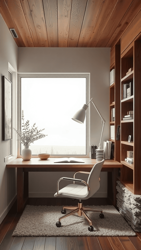 A serene workspace featuring a wooden desk, a comfortable chair, and a large window with a view of nature.