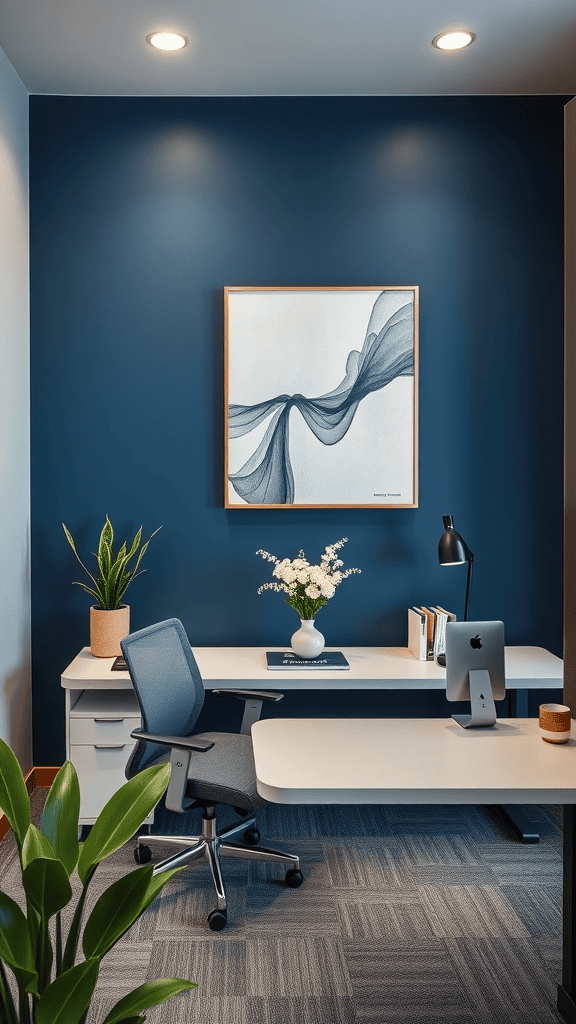 A modern office featuring a navy blue accent wall, a desk with a computer, a chair, and decorative plants.