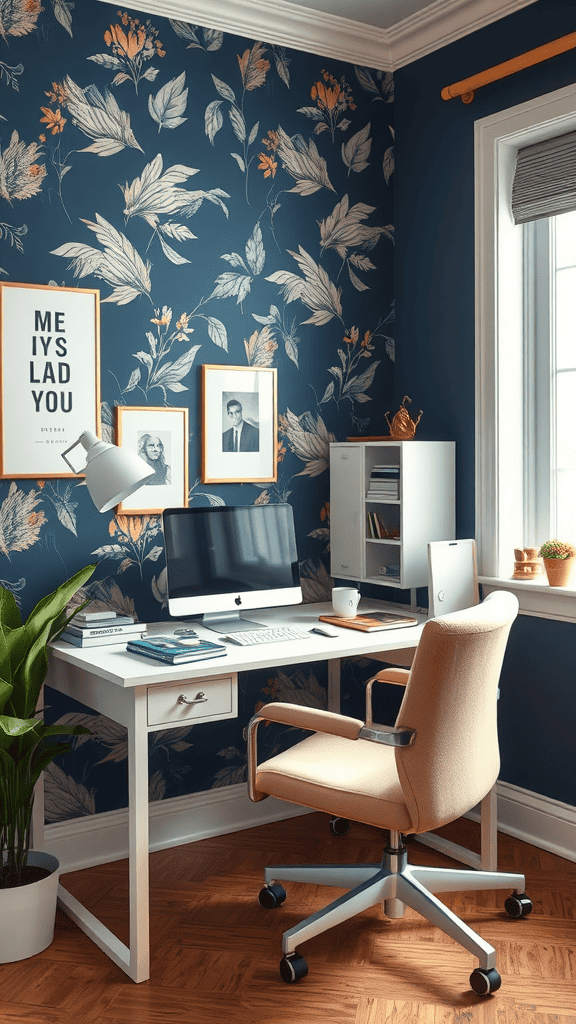 A stylish workspace featuring navy blue floral wallpaper and a desk with a computer, showcasing a blend of navy blue and soft pastels.