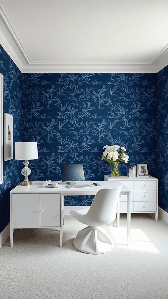 A home office with navy blue floral wallpaper and white furniture.