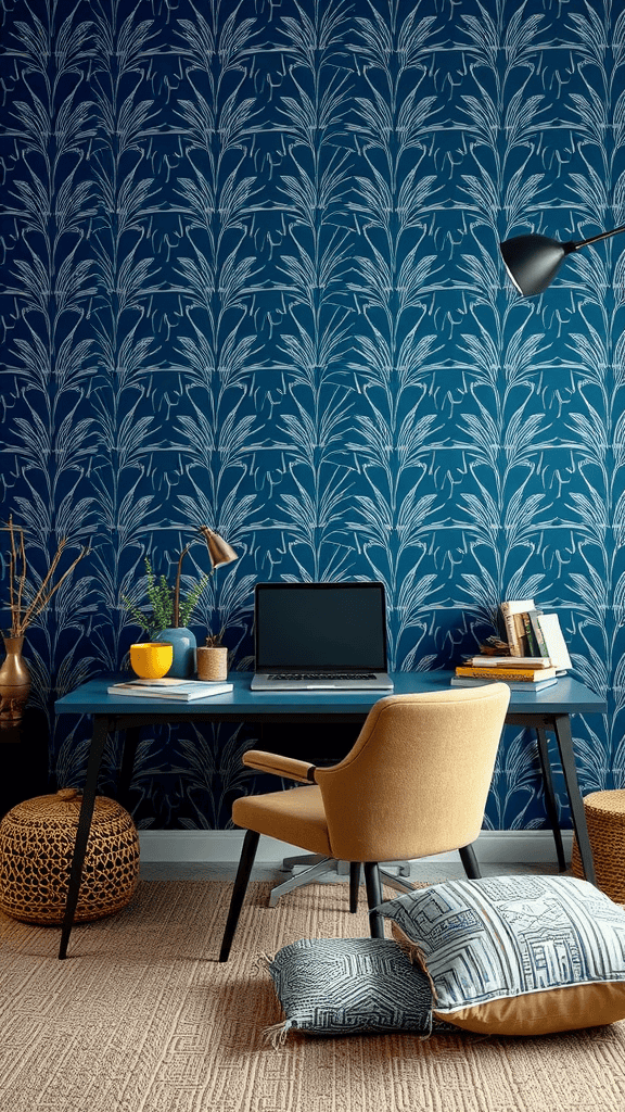 Cozy navy blue office featuring a desk, colorful decor, and soft textiles