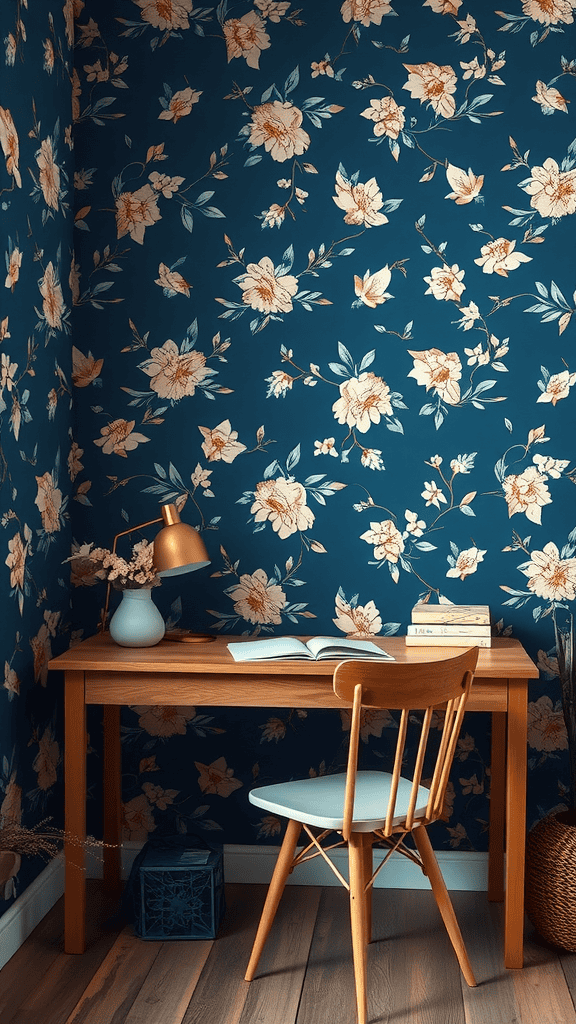 Navy blue wallpaper featuring floral motifs in a cozy workspace