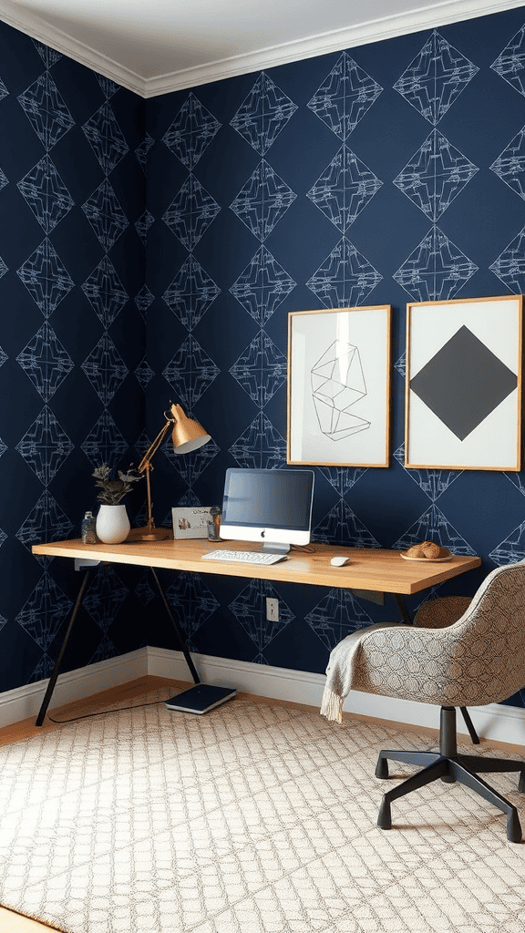 A cozy home office featuring navy blue wallpaper with geometric patterns, a wooden desk, and a comfortable chair.