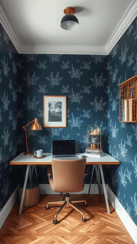 Cozy home office with navy wallpaper and modern furnishings