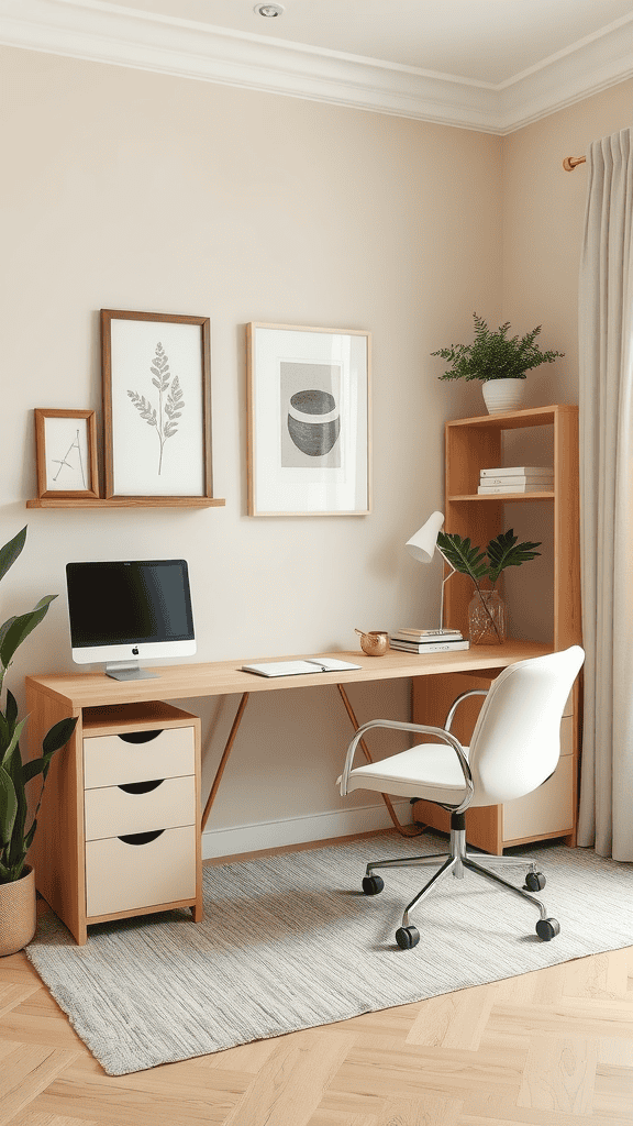 A feminine office space featuring neutral beige walls, a wooden desk with a computer, and decorative plants.