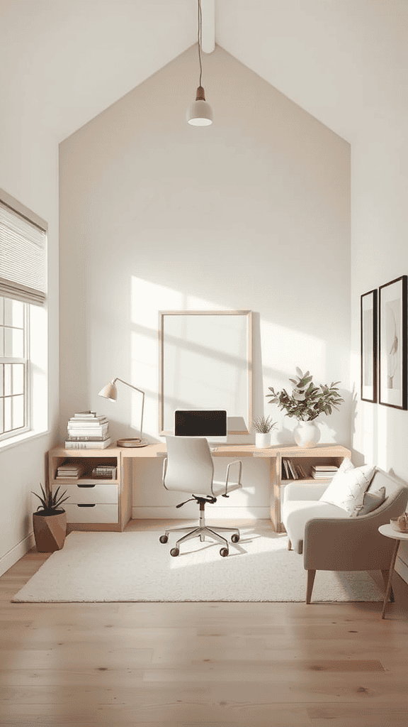 Cozy minimalist home office with neutral colors and natural light