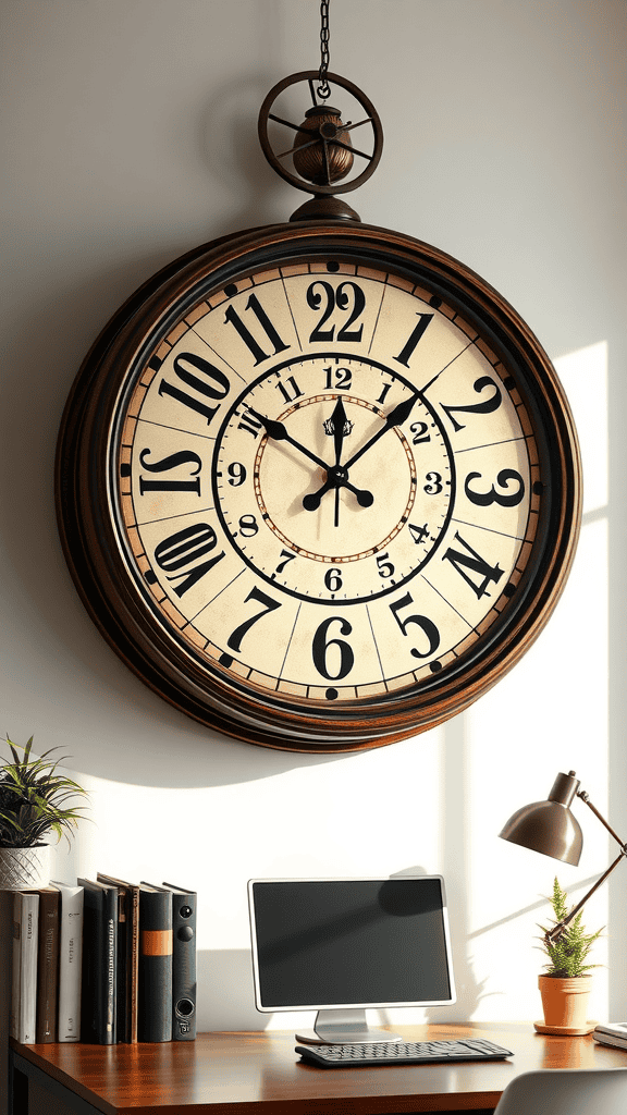 A vintage wall clock with large numbers and a wooden frame, hanging above a desk in a home office setting.