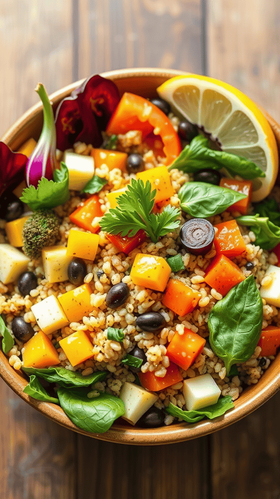 A colorful quinoa salad with vegetables and herbs in a bowl