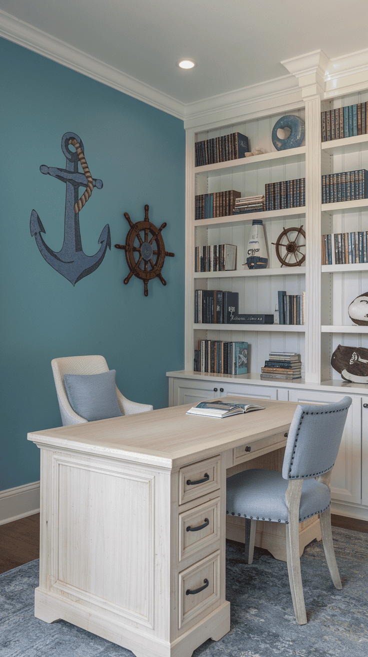 A bright and inviting workspace featuring ocean-inspired colors and nautical decor.