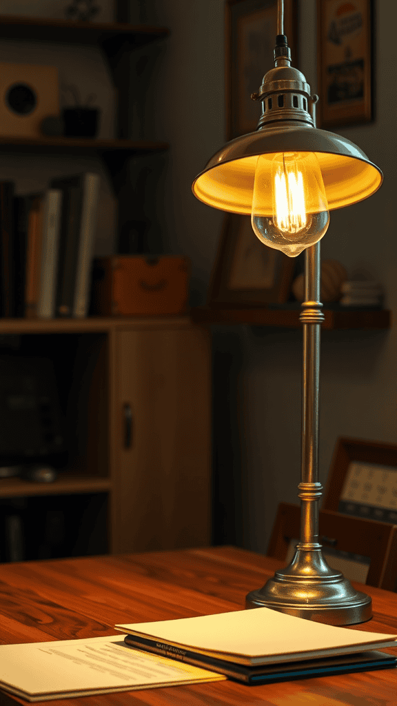 A vintage lamp on a wooden desk, casting warm light in a cozy home office setting.