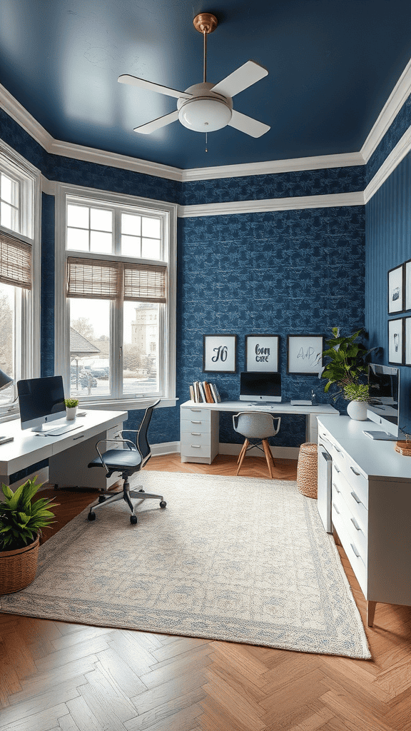 Open concept office with navy walls and modern furniture, featuring a desk, chair, and decorative plants.