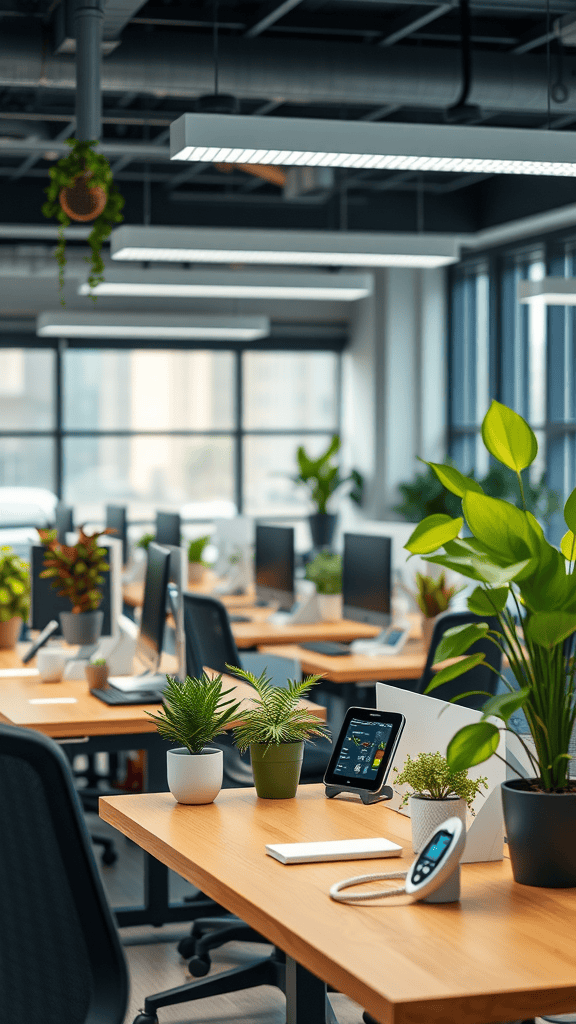 A modern office space with plants on desks, computers, and bright lighting.